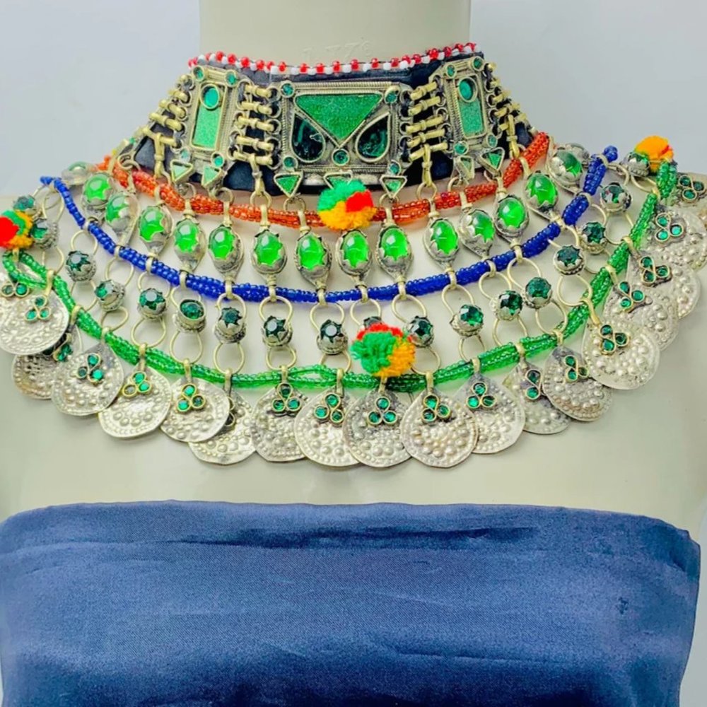 Multicolor Kuchi Choker: Afghan Tribal Necklace with Silver Coins & Glass Stones